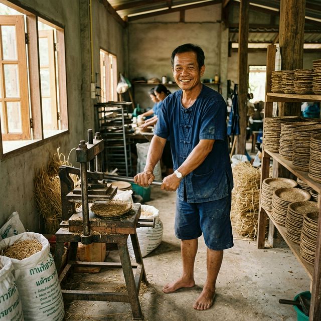 Thai farmer pressing rice straw into plates