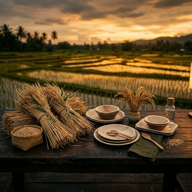 Rice straw eco packaging on table with sunset rice paddy